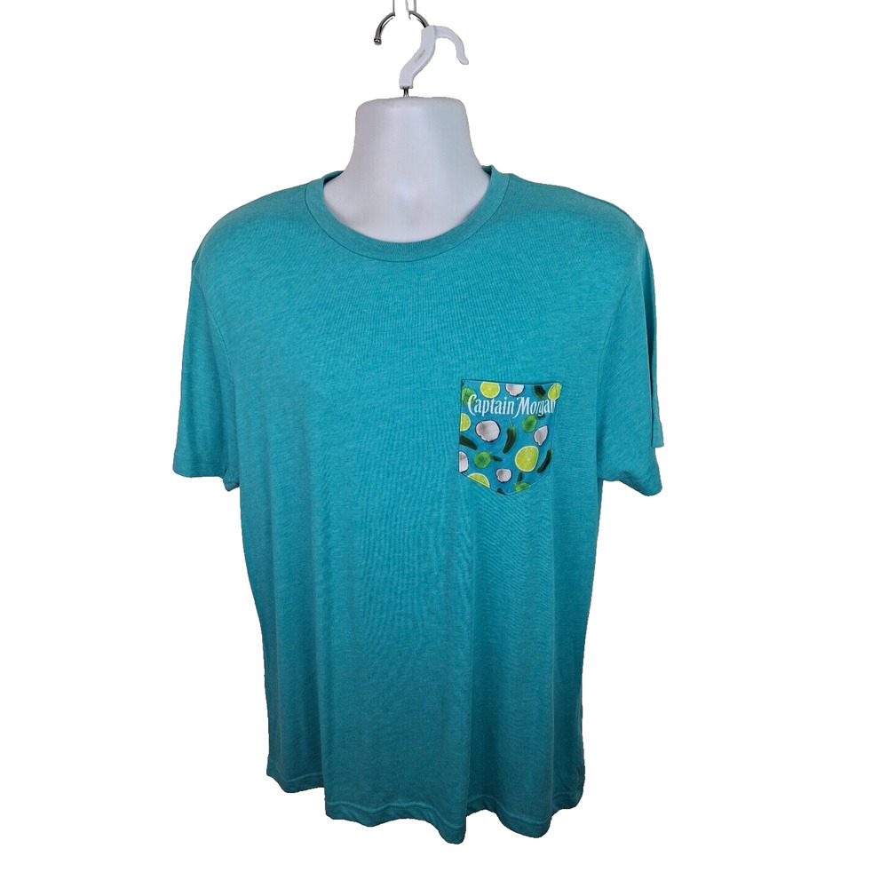 Official Captain Morgan Rum Cannon Blast Loco Nut Aqua Blue Tshirt Size XL